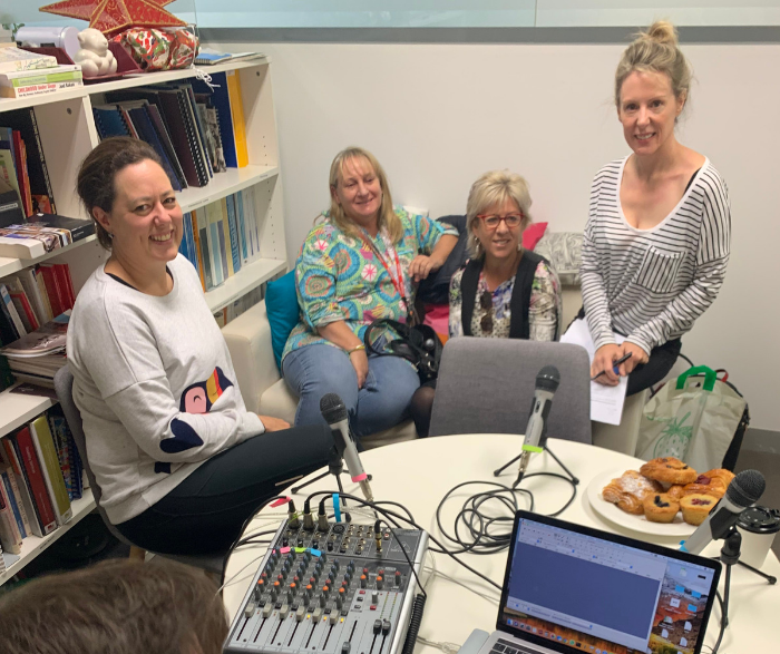 Ange, Andrea ,Sharon, and Jen, all set up to record!